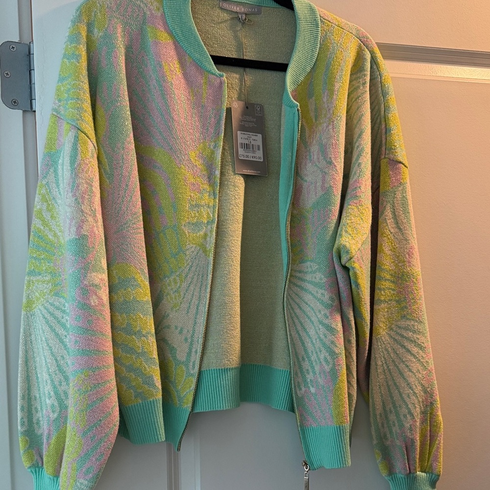 Pastel Floral Knit Bomber Jacket - Mint Multi